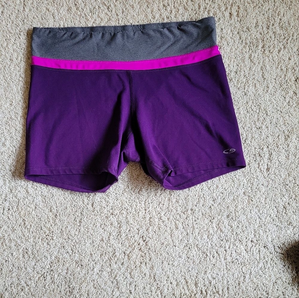 Purple Athletic Compression Shorts with Gray Waistband and Pink Trim